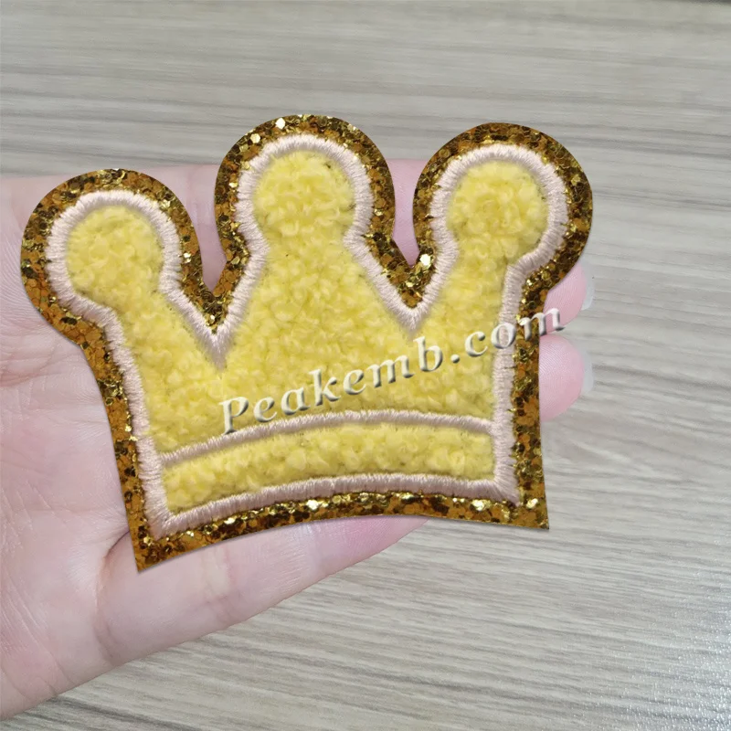 Gold Glitter Embroidered Patch Crown Chenille Glitter Patch For Decoration Iron on Crown Self Adhesive Patch