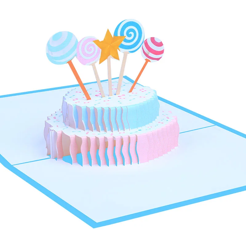 Happy Birthday Cake With Stars and  Lollipop 3d Pop Up Greeting Card  with Envelope for Kids Girls Boys Women Men