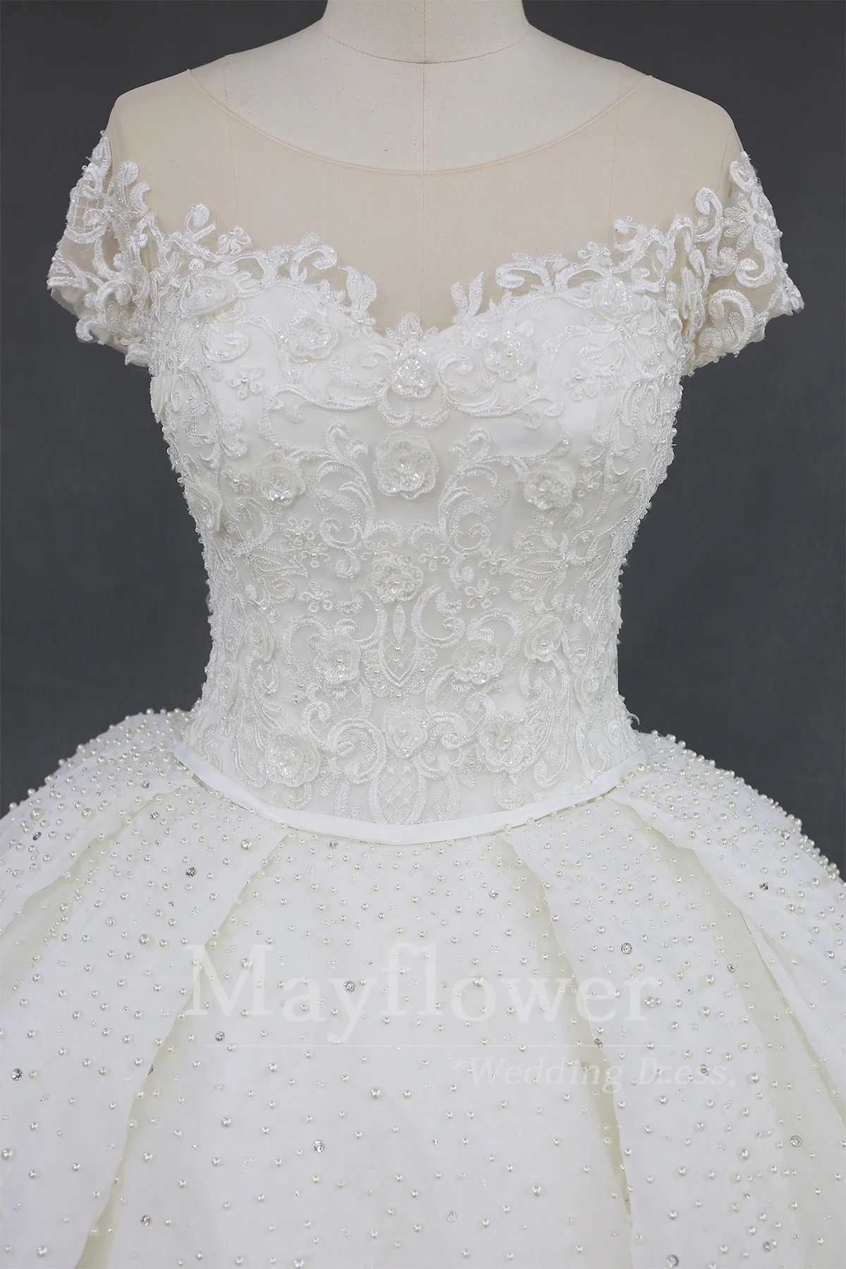 Cap sleeve bridal dress ball gown lace organza beaded wedding dress