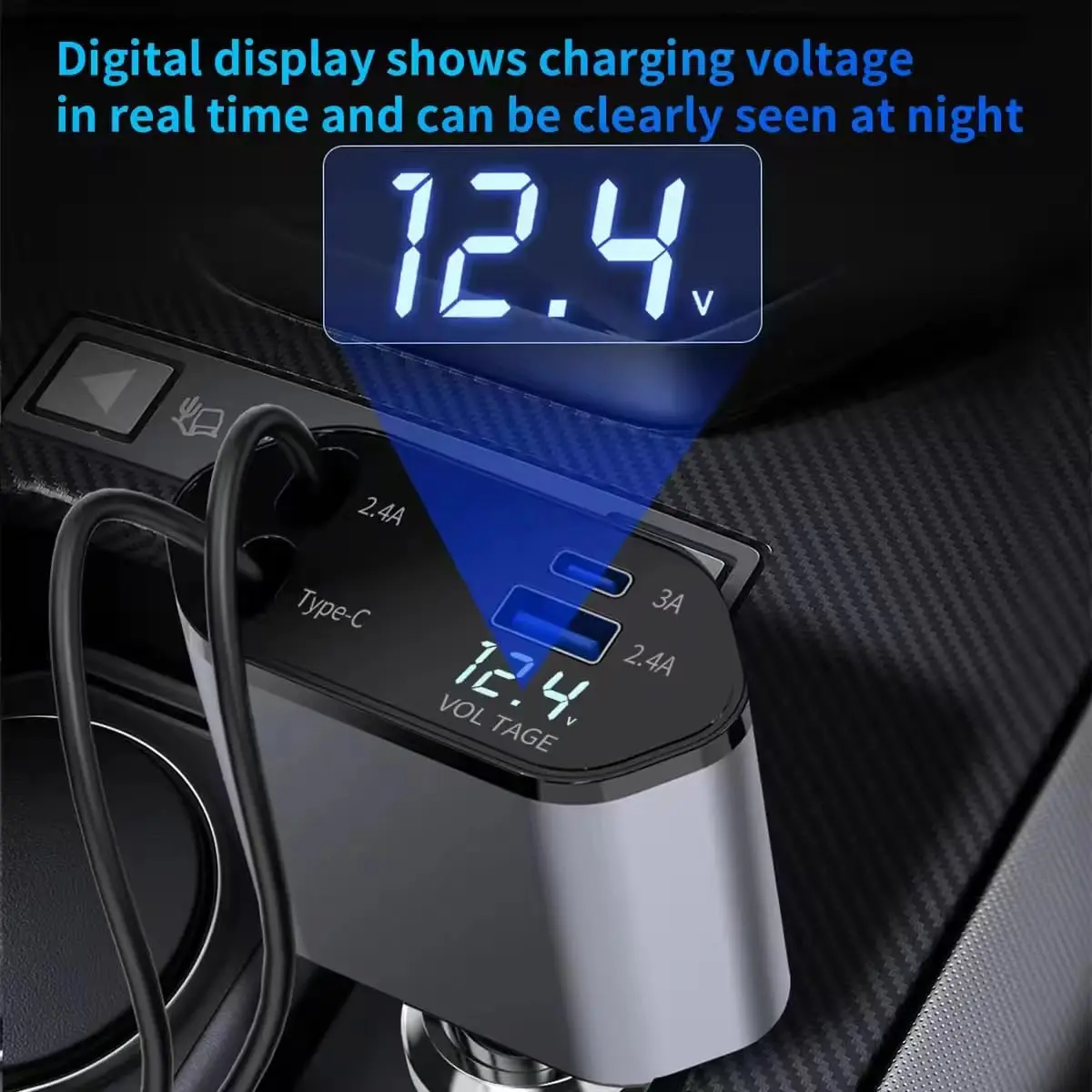 Retractable Car Charger 4 in 1 Fast Charge USB C Car Charger Adapter with 80cm Retractable Cord Cable 100W 120W Car Charger