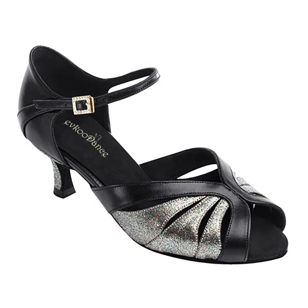 Latin Dance Women 6cm Heel Black Leather With Glitter Salsa Ballroom Shoes for Dancing New Arrival Size US