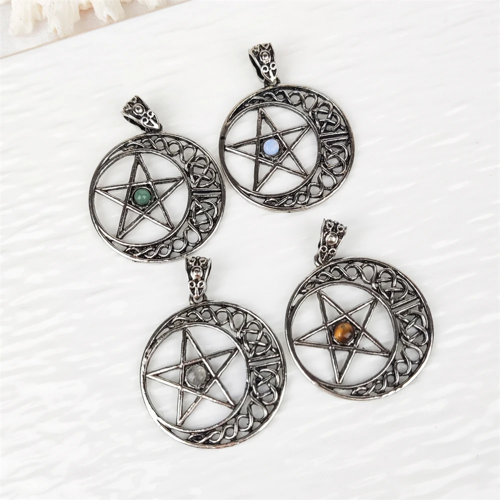 Manufacturer Retro Jewelry Antique Silver Moon Star Charms Amethyst Labradorite Tiger Eye Natural Stone Necklace Pendant for DIY