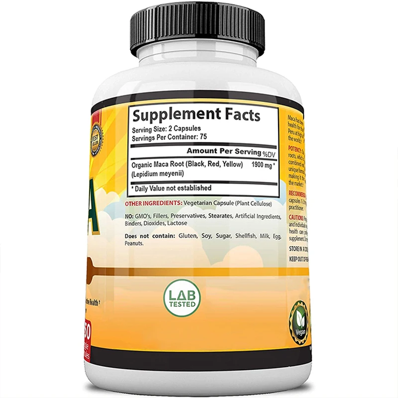 Organic Maca Root Powder Capsules 1500 mg with Black Red Yellow Peruvian Maca Root Extract Supplement for Men and Women