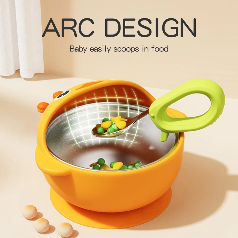 2024 Newest Animal Food Grade Silicone Safely Suction Bowls Baby with BPA Free Silicone Wooden Handle Spoon Fork Set