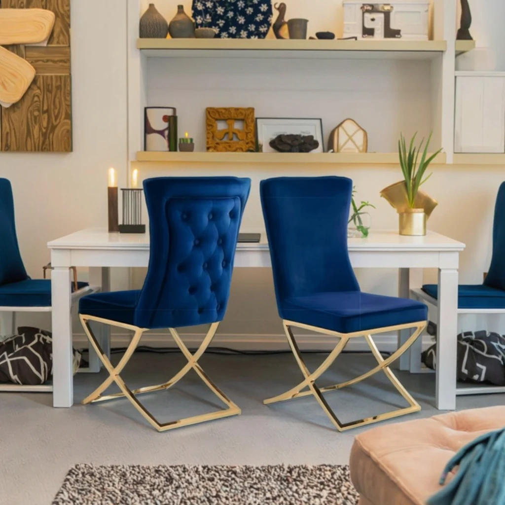 Современный бархатный стул с высокой спинкой обеденный синей перекрестной ножкой из нержавеющей стали застегнутой для квартиры тренажерного зала деревянный PP