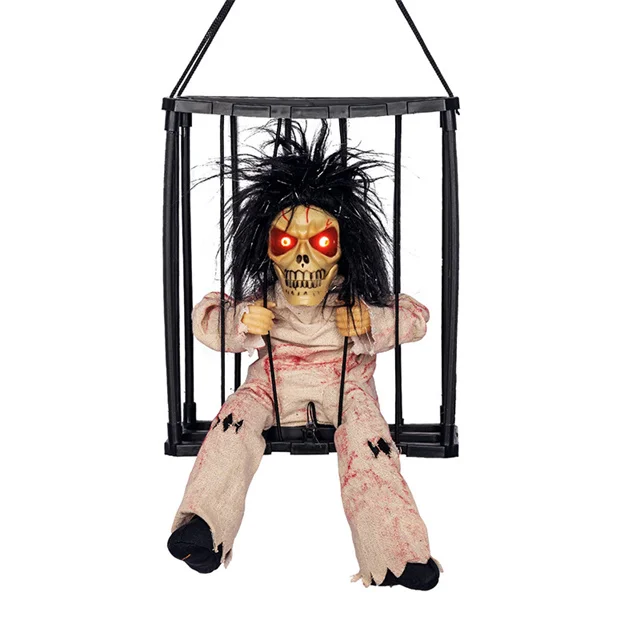 Screaming Hanging Halloween Motion Sensor Skeletons Cage Prisoner Light Up Eyes Haunted Props Skeletons Hanging Ghost