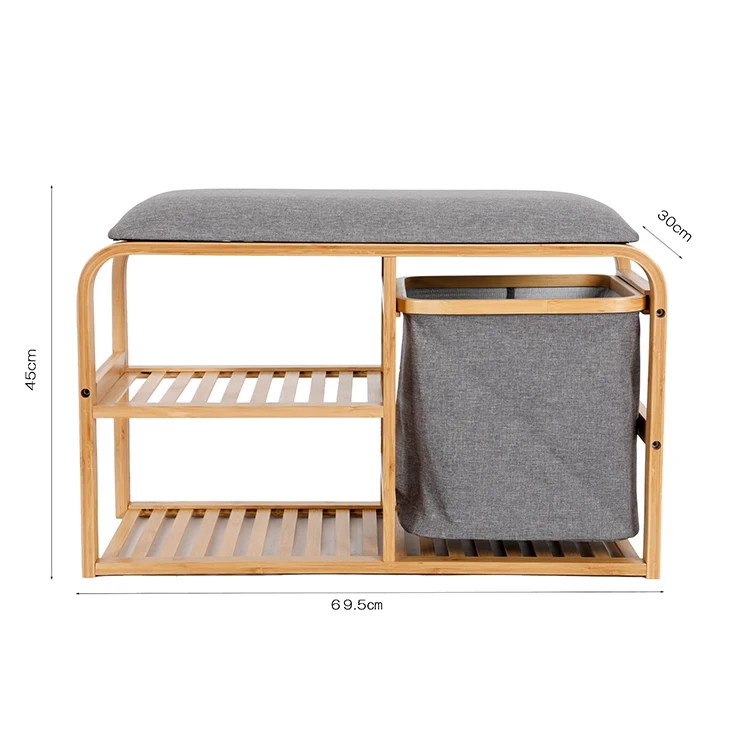 Wholesale Natural Grey NonSlip Feets Storage Shelf Bamboo Shoe Rack Bench with Seat