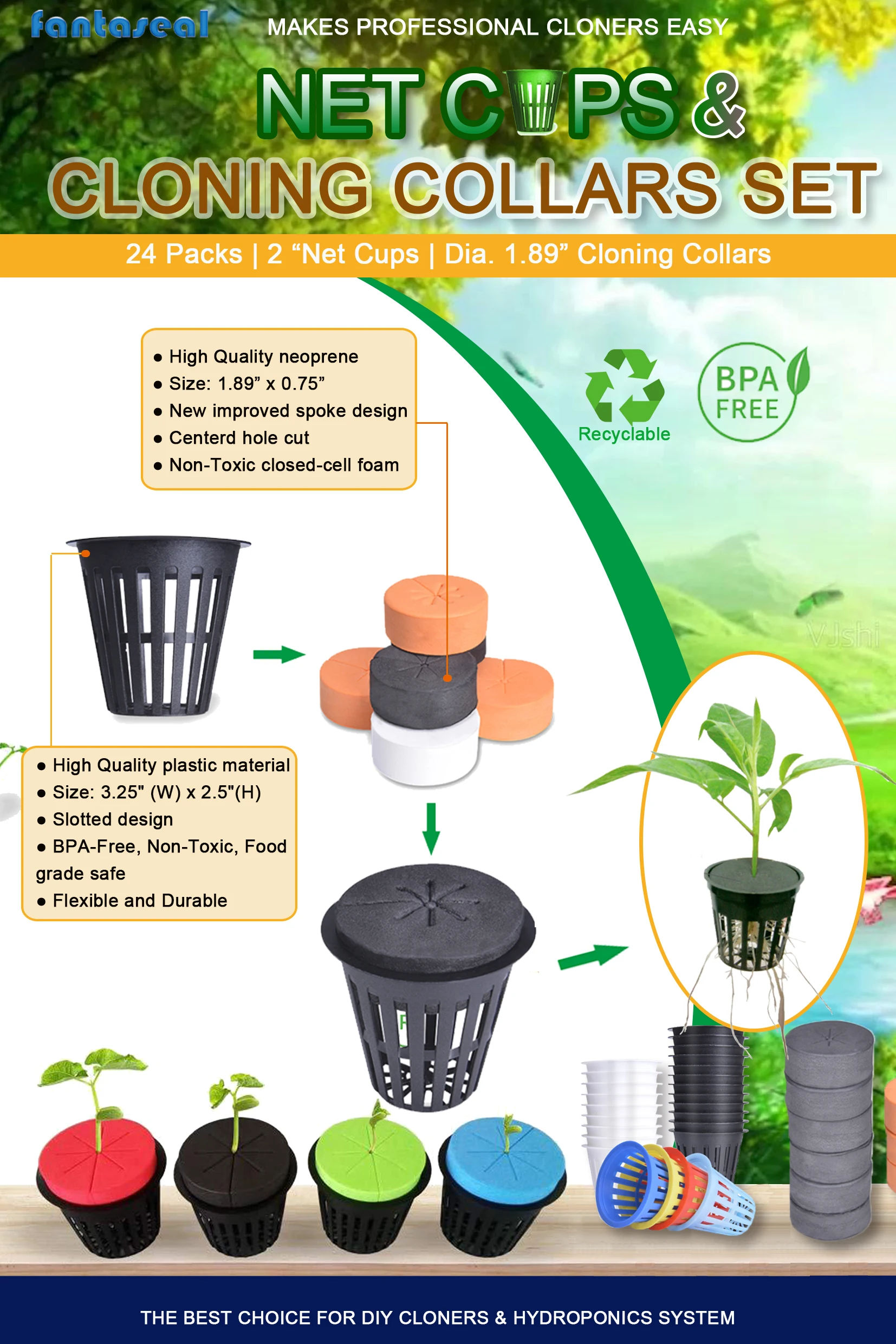 Clone Collars, Neoprene Inserts 2 inch for Clone Machines and 2 in Net Pots in Hydroponic Systems Green Color 75 Pack (6-Colors-