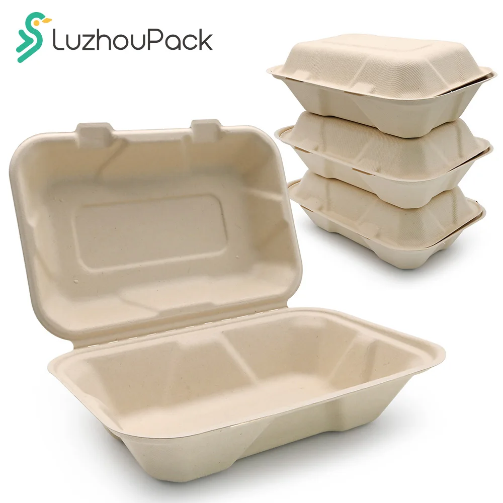 LuzhouPack customized biodegradable sugarcane disposable container clamshell takeaway box for food