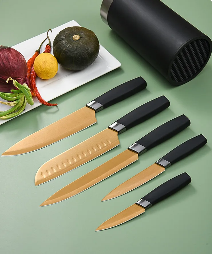 New Design kitchen knifes 6 piece set with block PP handle rose gold coating blade black blade Chef Knife set