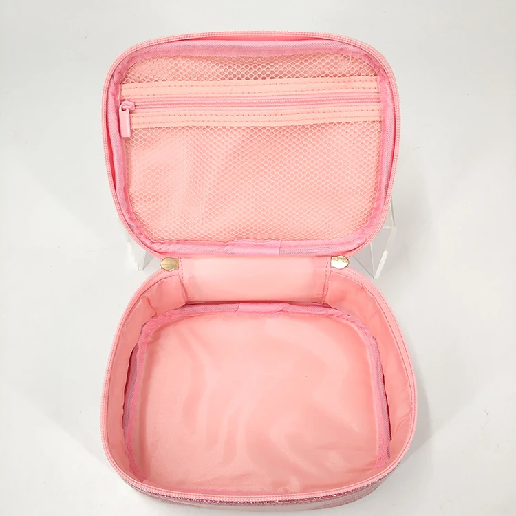 shiny glitter vintage cosmetic organizer pink PU leather makeup bags portable travel case wash pouch