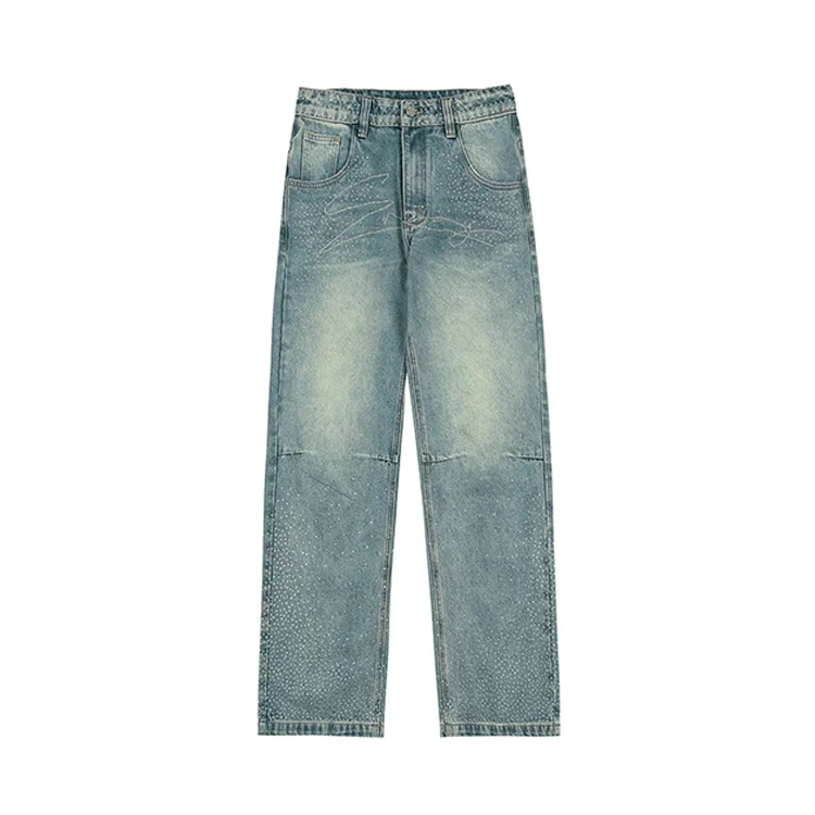 High Street Oversized Loose Diamond Denim Pants Custom Rhinestones Baggy Jeans Men Crystal Embellished Jeans