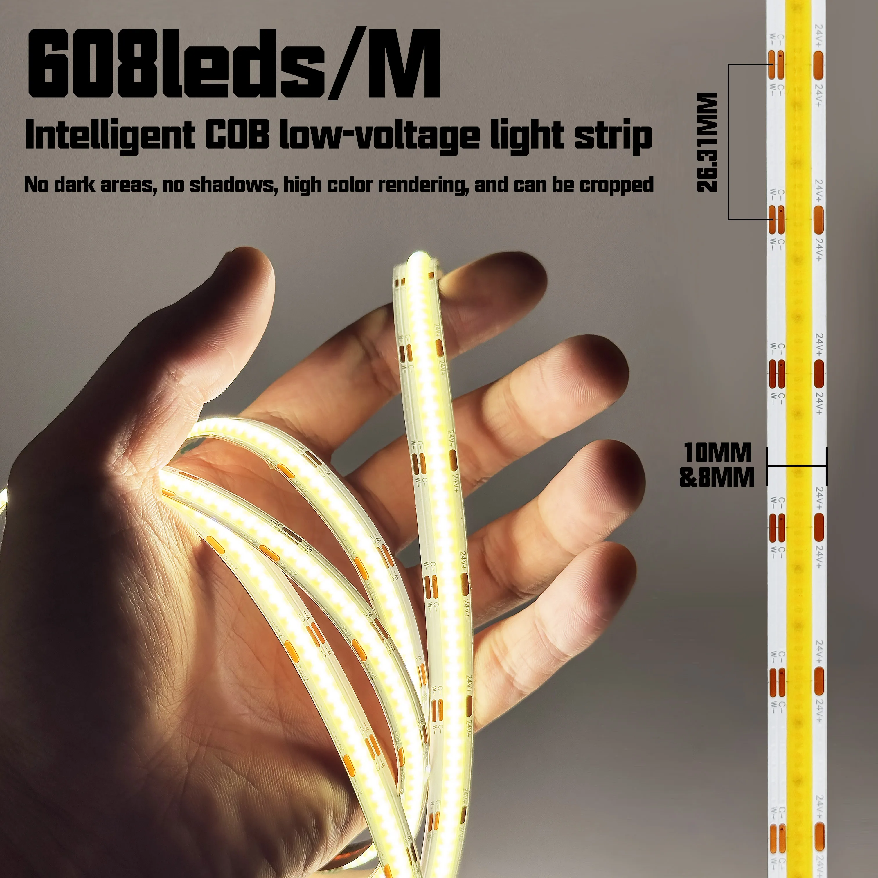 608Leds 12V 24V Cob 10Mm Dual Color Flexible Led Strip Light Ra90 Linear Light Without Light Dot Led Strip Rgb Cct Dimmable
