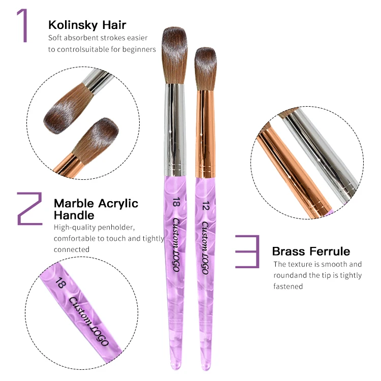 Custom Logo International size Purple Marble Handle 100% kolinsky sable nail brush Germany round kolinsky Acrylic Nail Brush 14