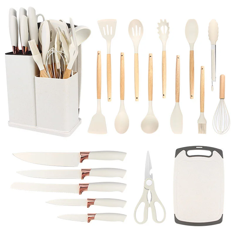 Low price white silicone cooking utensils kitchen set 19pcs cooking utensils set with kitchen knives & accessories cutting board