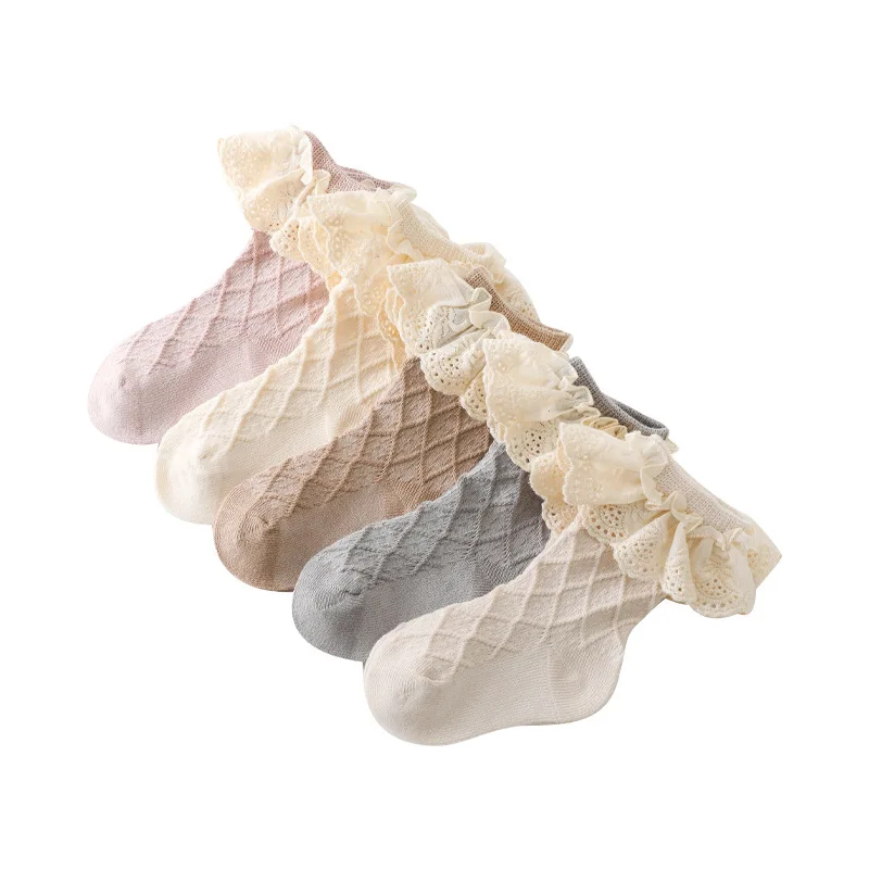 Ivy80176A Babys Autumn new waffle tube socks Korean solid Lolita lace girls infant cotton socks kids toddlers cute knee-high soc