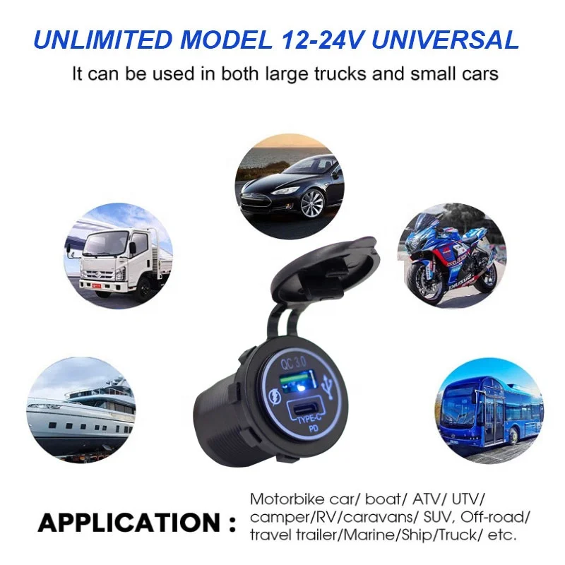 12V 24V Universal Bus USB A QC 3.0 18W  Type C PD 30W Fast Car Charger Socket