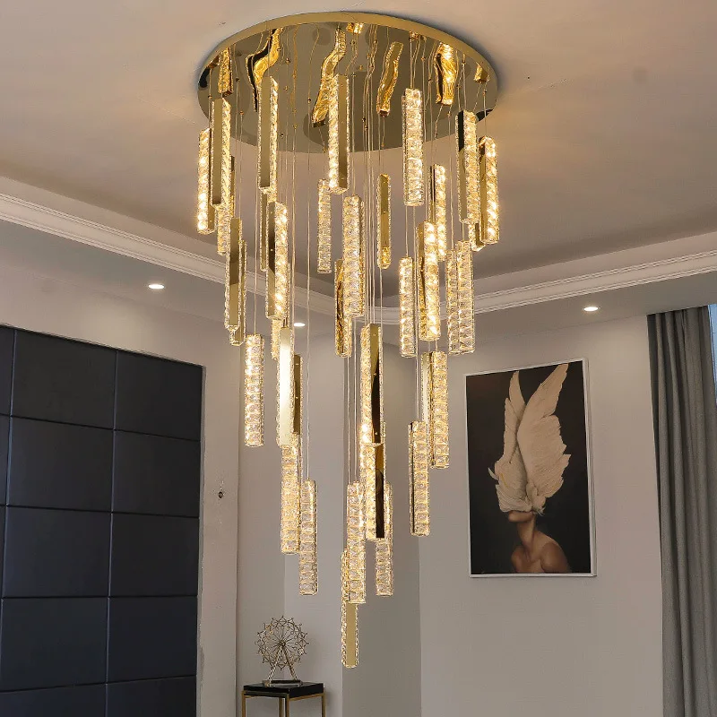 Nordic Style Drop Light Crystal Pendant Lights Luxury Long Office K9 Crystal Chandelier High Ceiling Lighting for Villa Stairs