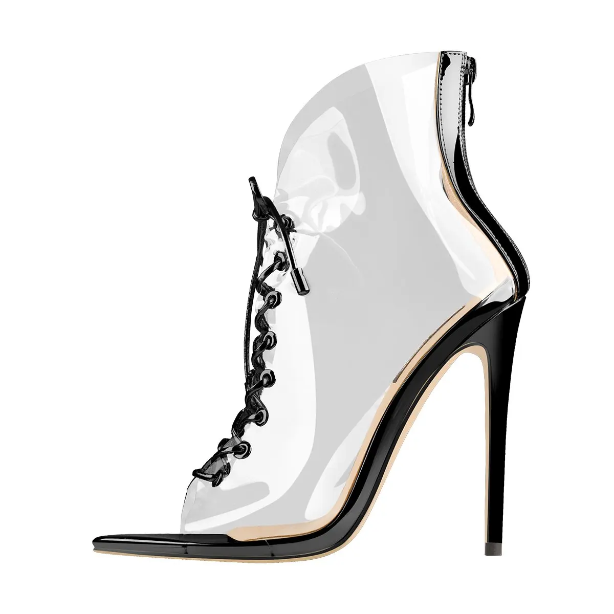 Женские ботинки с открытым носком, Черные ботильоны на шнуровке с прозрачной молнией, ботинки, новинка 2021