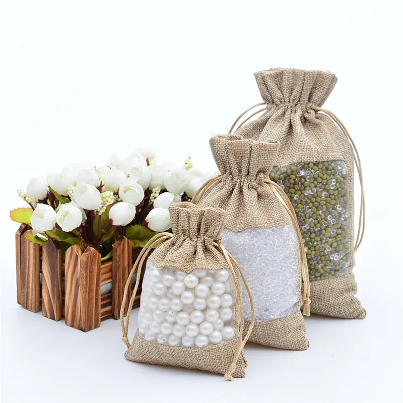 Middle Opening Style Jute Package Drawstring Pouch with Organza Window Packing for Jewelry Gift