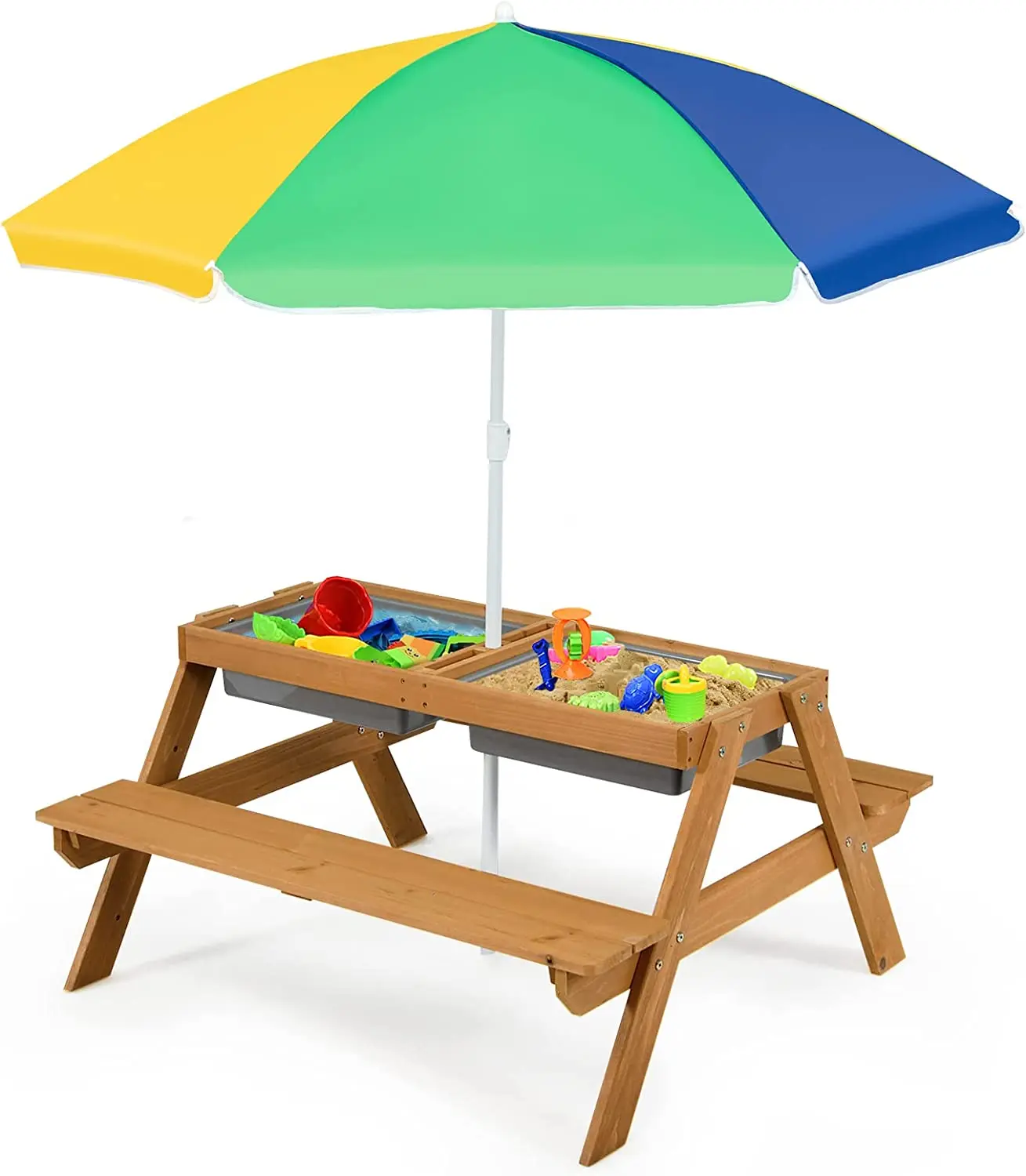 Kids Picnic Table Height Adjustable Umbrella, Removable Tabletop Children Outdoor Toy Play set Wooden Convertible Activity Table