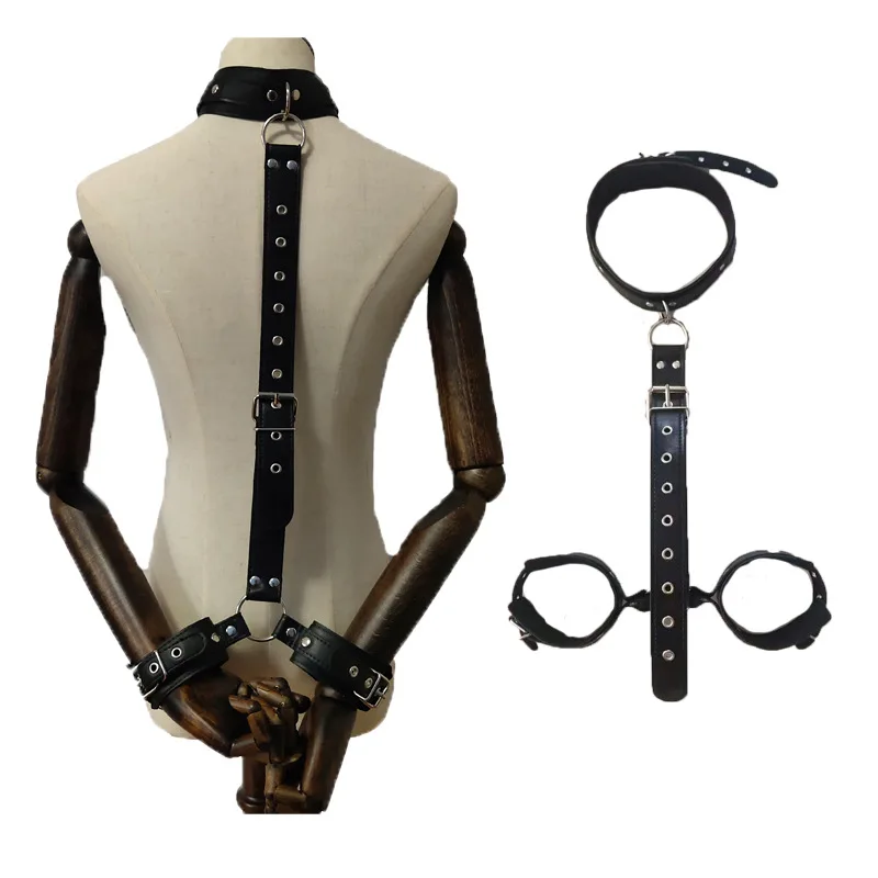 Black Leather Flirting Bound Hand Couples Toys Tied Hands Handcuffs Cervical Collar