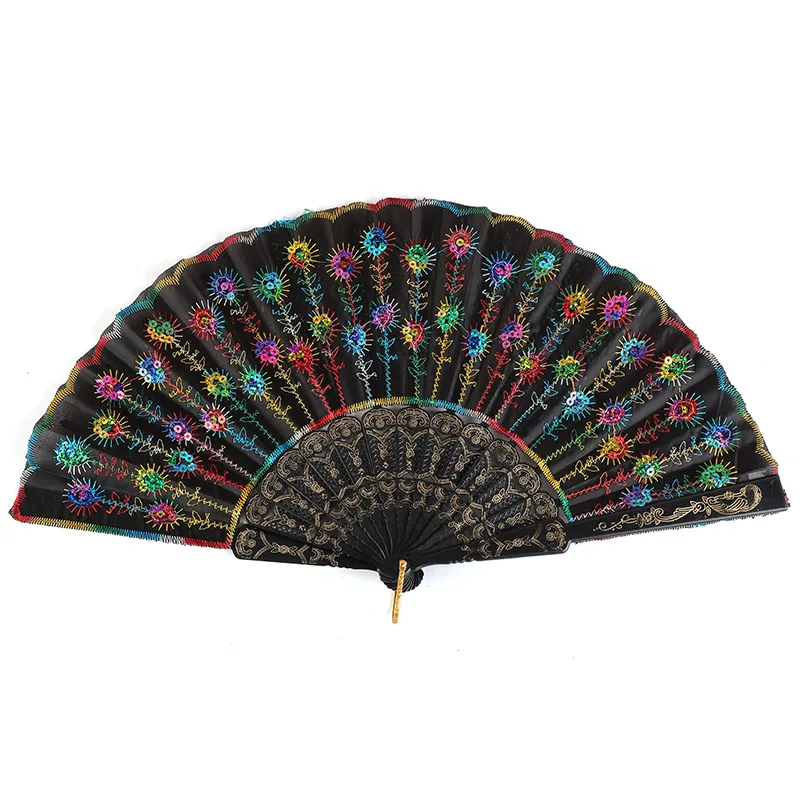 New design Plastic Black hand Fans for dance with Sequins Embroidery Chinese personalized Fans  Feature Souvenir Gifts