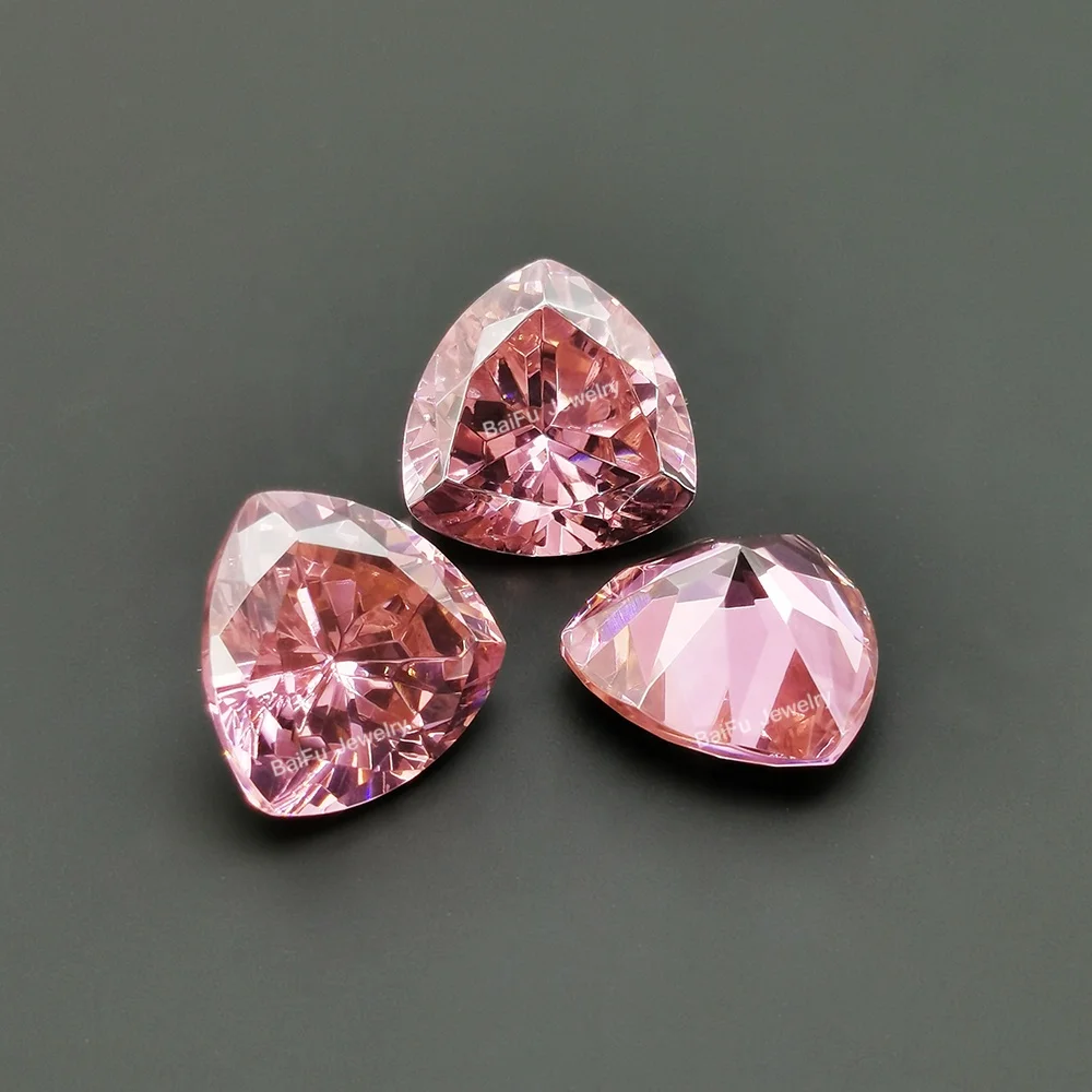 BaiFu gems high quality factory price Russian cut Fake diamond trillion shape pink 5A cubic zirconia for silver ring