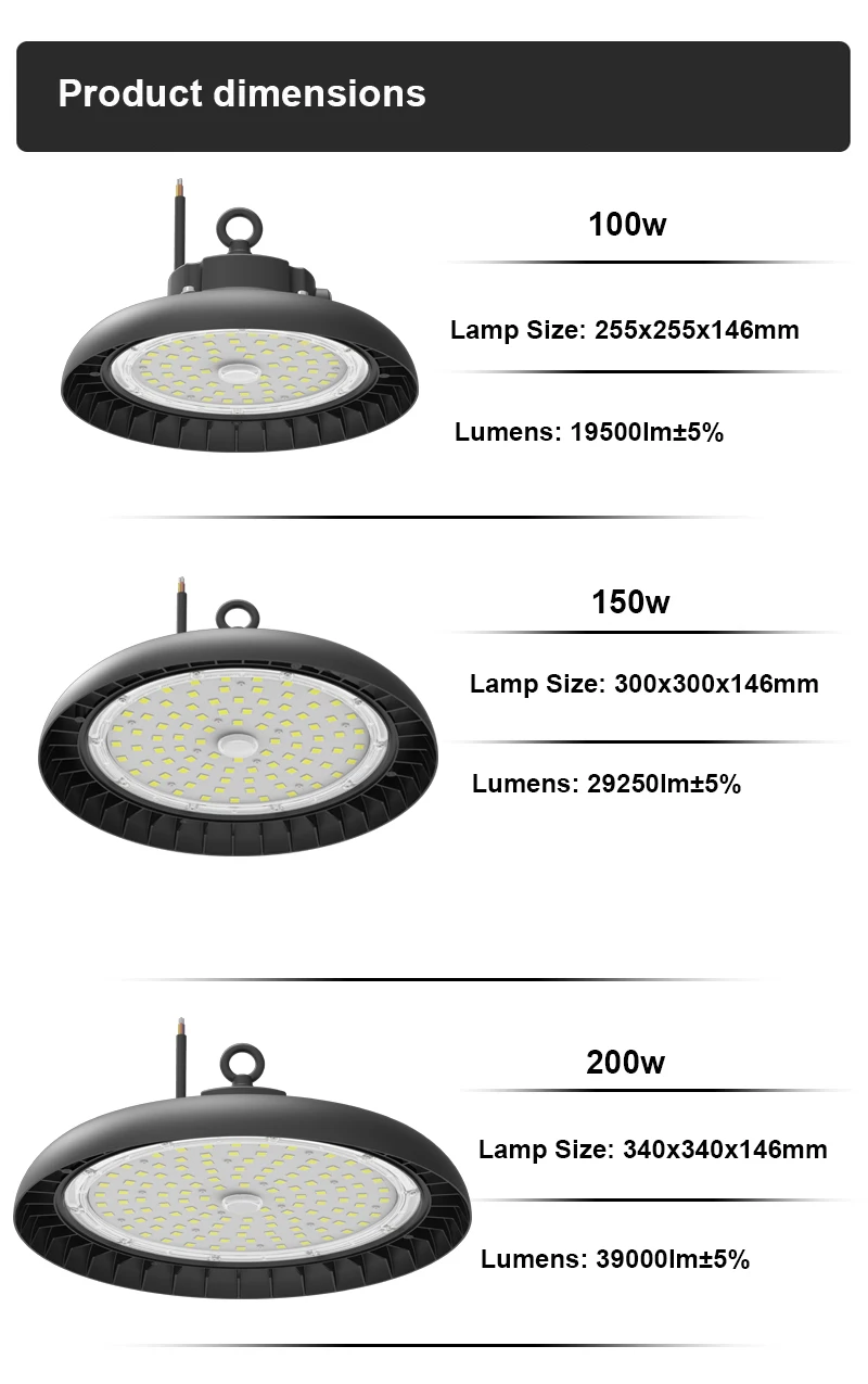 Super Bright 195~208lm/W Adjustable 100w 150w 200w 300w Smd 7070 Ufo LED High Bay Lights for Warehouse Workshop Sports Center