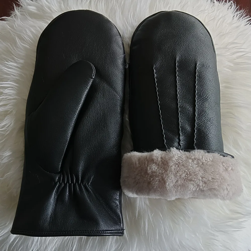 Custom embossed logo waterproof cheap baby hand mittens Shearling fur lined winter cow hide leather gloves & mittens for bike