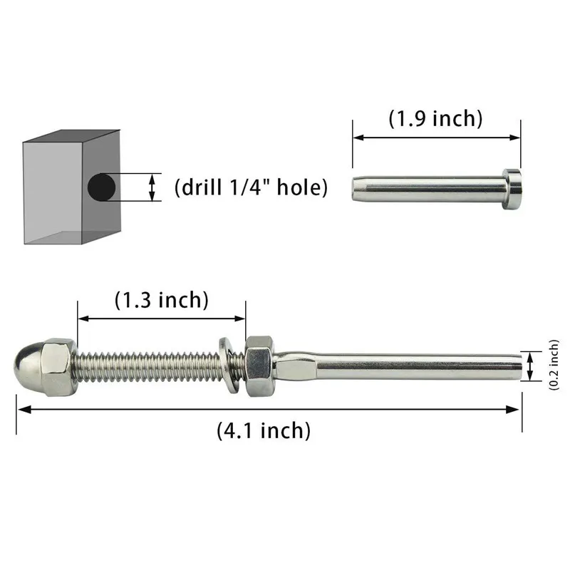 T316 Stainless Steel Marine Grade Cable Railing Swage Threaded Stud Tension End Fitting Terminal