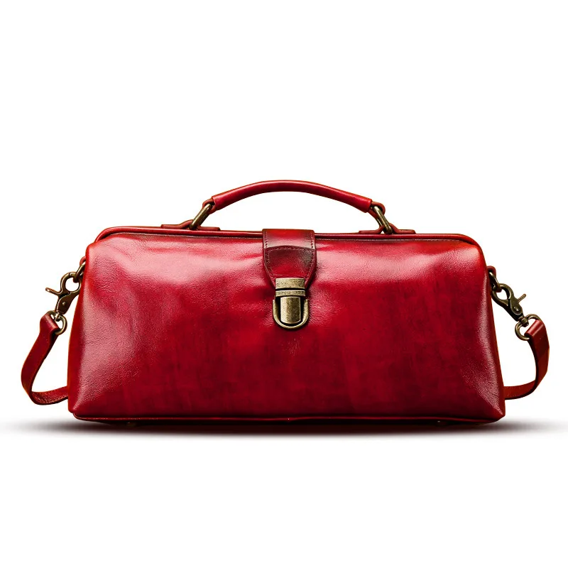 Large Size Vintage Pillow Black Red Wax Leather Doctor Bag Cross Body Boston bag Genuine Cow Leather Handbag For Women