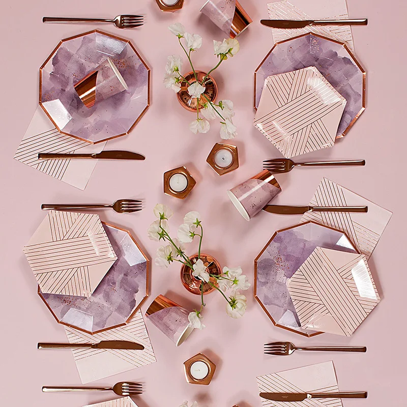 
7inch Rose Gold Purple Pink Tableware Birthday Party Decorations Party Supplies Disposable Plates Paper Plate Set for Wedding 