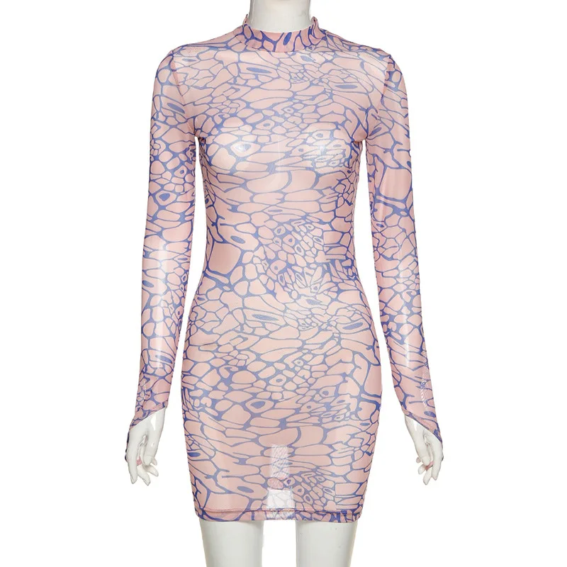 High Collar Digital Printed Long Sleeve Dress Gauze Bodycon Slim Fit Women Mini Dress 2021 Fashion Clothing