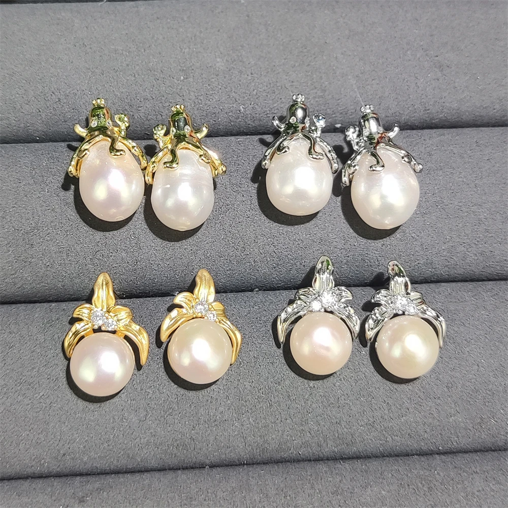 10MM Rice Pearl Natural Gems Freshwater Pearl Octopus Earrings Gold Plated Flower 9mm Bread Pearl Jewelry Ear ring for women
