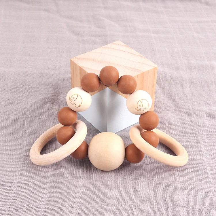 BPA free Food Grade Silicone Chew teething toy Bracelet Wooden Teether with Beads Baby teething toy