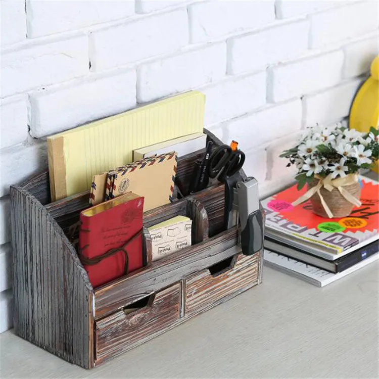 6 compartment 2 drawer supplies rack distressed torched pine wood desk organizer drawers