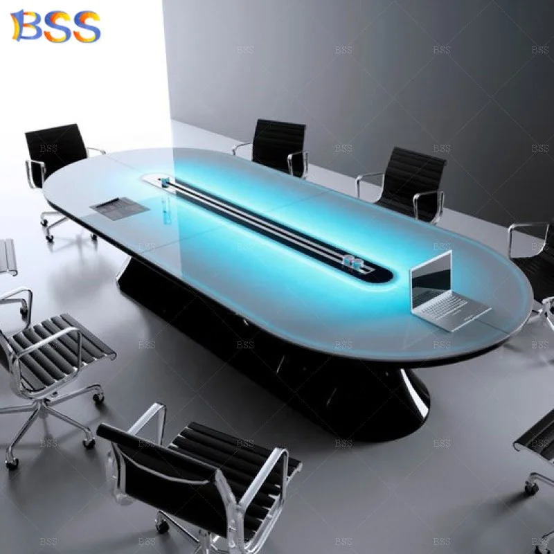BSS Latest Stunning Unique 8 Seats Racetrack Shape Translucent Led Marble Luxury Oval Meeting Table