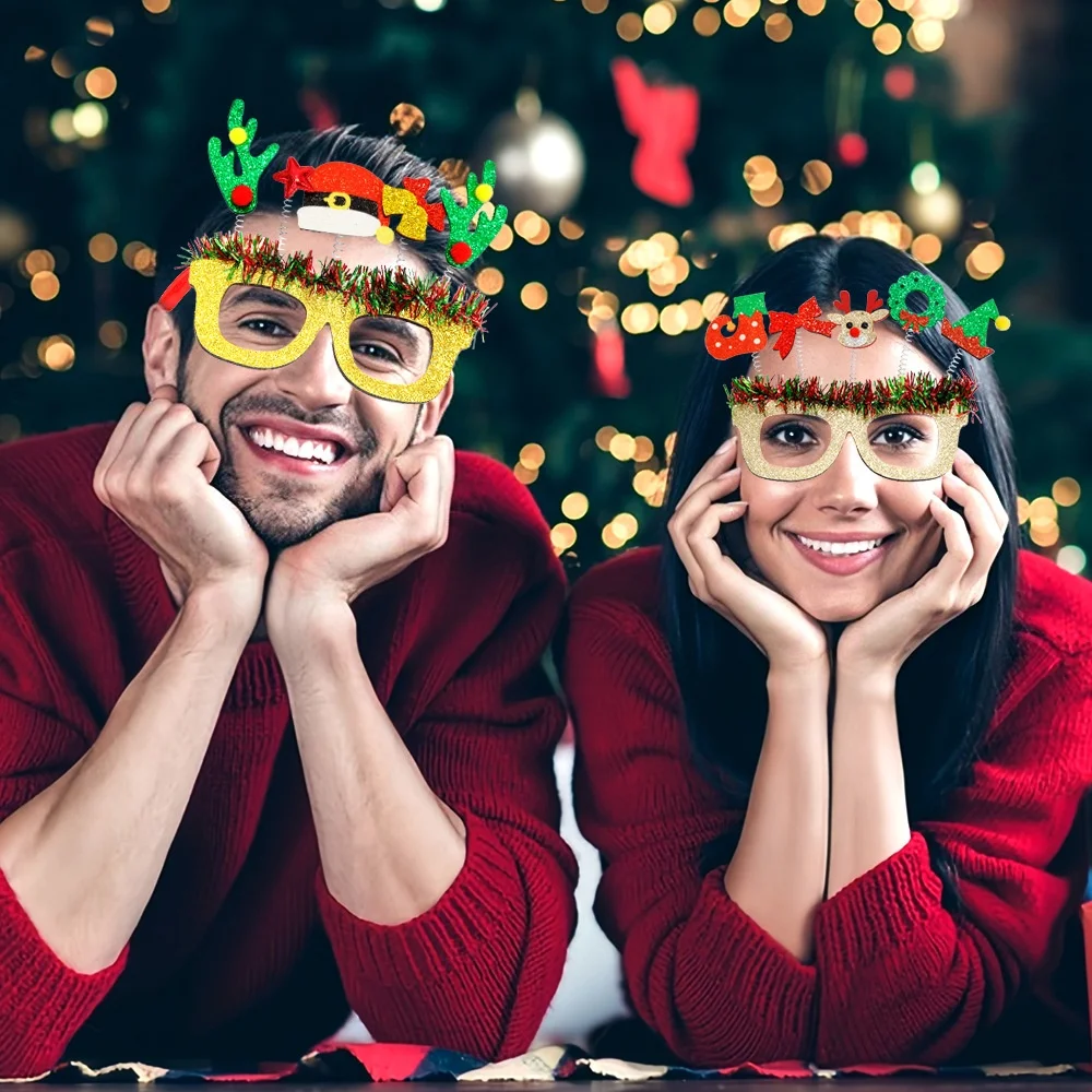 2025 New Arrival Cartoon Glasses Christmas Theme Party Photo Glasses Frames Red Green Color Striped Design Christmas Decorations