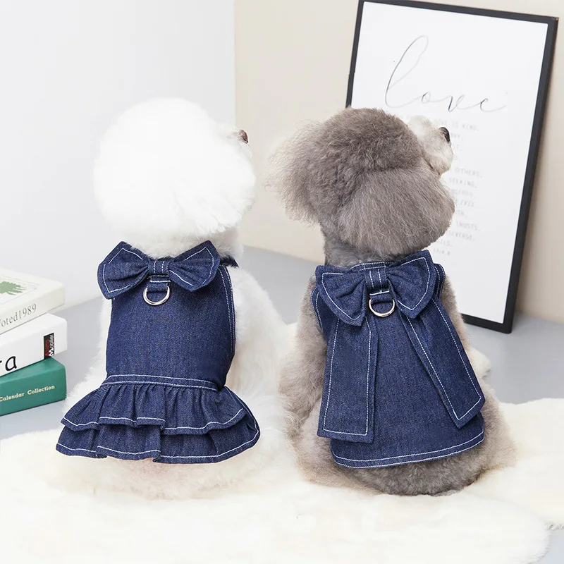 Spring Summer Pet Clothes Big Bow Tie Denim Dog Dress Shirt Suit with D-ring Leash Hole