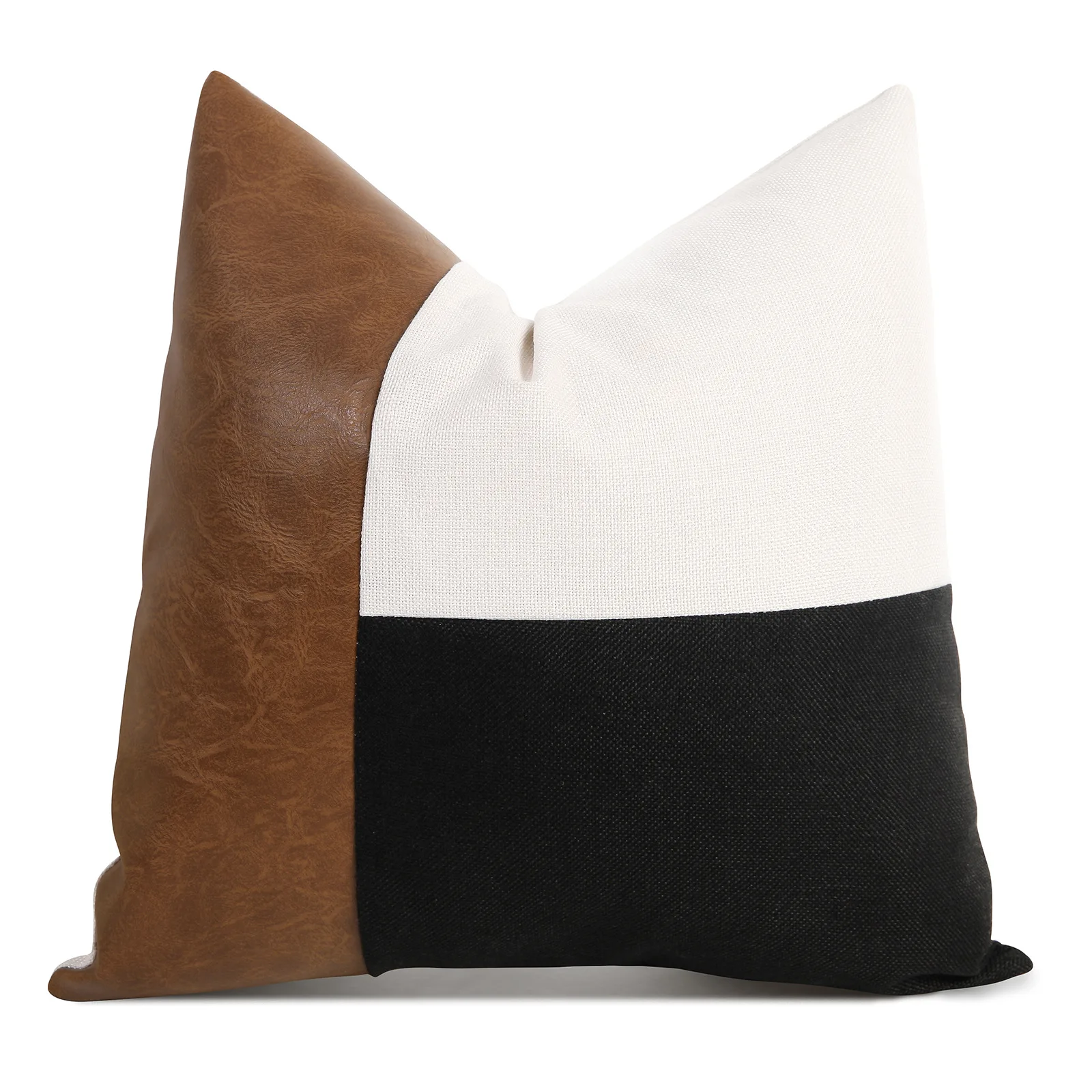 Modern Pillow Covers Farmhouse Decor Square Patchwork Linen Throw Pillow Case Pu Leather Cushion Cover