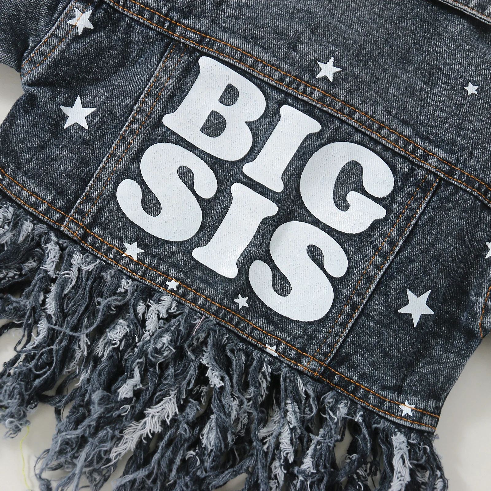 Fray Bottom Adorable Sweetness Baby Toddlers BIG SIS Black Fringe Denim Jacket Girls Dolly Fringe Detail Tassel Jean Jacket