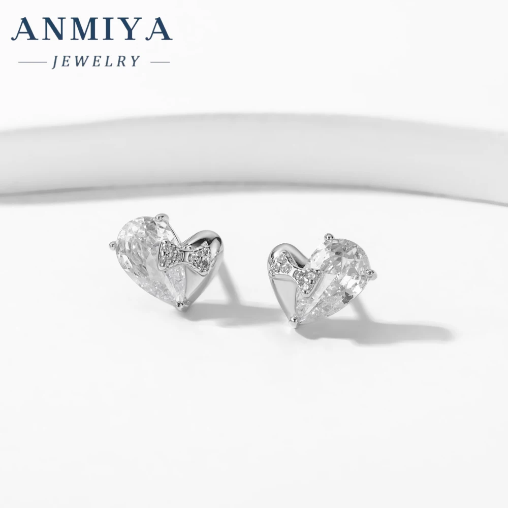 Women Simple Fine Jewelry Diamond Cubic Zircon Stone Elegant 925 Sterling Silver Heart Shaped Stud Earrings for Girls