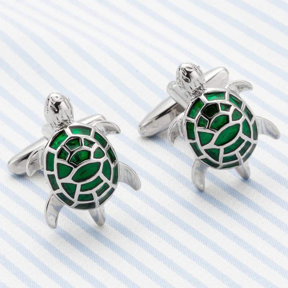 Modern Style Green Enamelled Sea Turtle Animal Copper Cuff links Cufflinks For Men