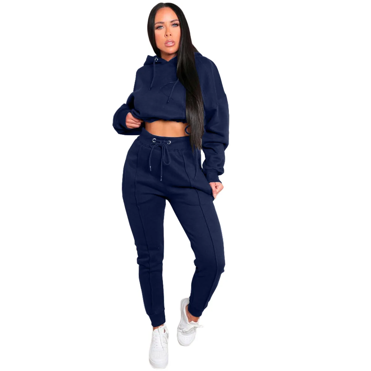 Solid color cropped hooded sweater elastic waist trousers sports two piece pants set