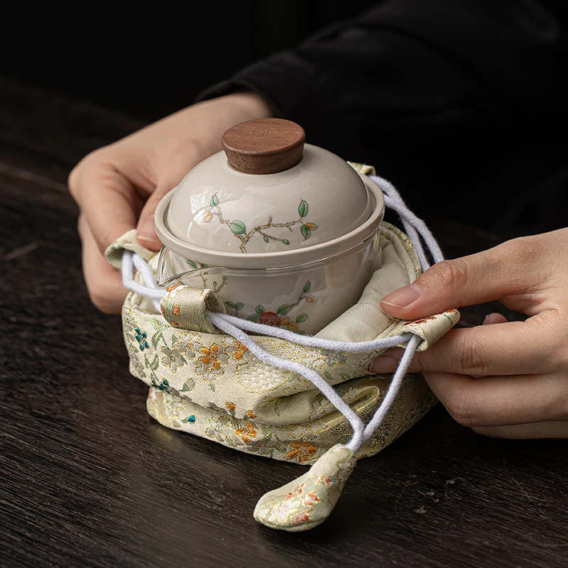 Chinese Flower Series Kung Fu Tea Set Luxury Portable Outdoor One-Pot Two-Cup Quick Serve Travel Ceramic Tea Ware Box Packing