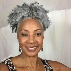 Human hair Grey kinky curly ponytails extension,gray hairpiece afro bun puff ponytail wig 120g 10-20inch