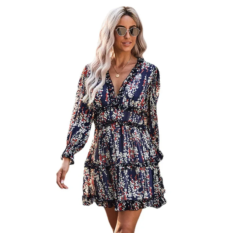 Fall 2021 Womens Plus Size Clothing Summer Women Clothes Deep V Neck Ruffle Long Sleeve Floral Elegant Mini Party Casual Dress