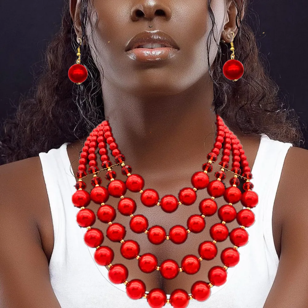 Exaggerated Colorful Big Multi Layered Pearl Necklace African Jewelry Sets Fashion Bib Collar Necklace With Drop Earrings Set