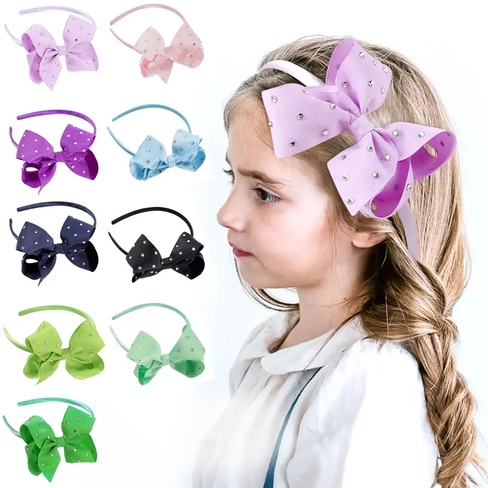 Boutique Solid Color Ribbon Bow knot Headband With Hoop Rhinestone Designer Hair Accessories for Girls Kids Hair Band